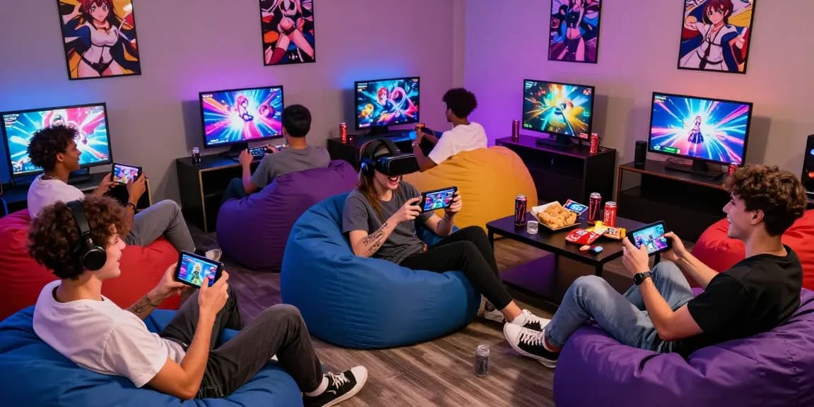A lively gaming lounge where players enjoy ecchi simulator games on various devices, creating an engaging and colorful atmosphere.