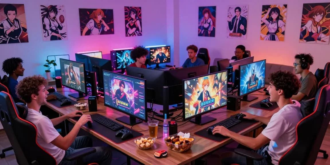 Engaged gamers enjoying free hentai games in a lively living room atmosphere.