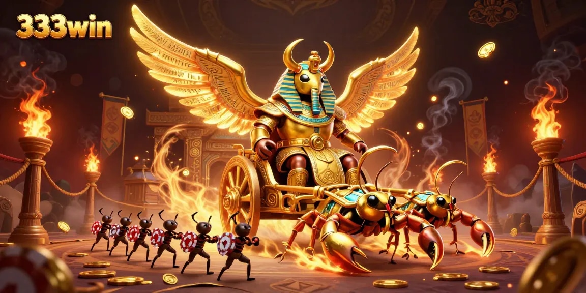 Engage with 333win in an action-packed 3D casino adventure featuring a golden scarab beetle and chips.