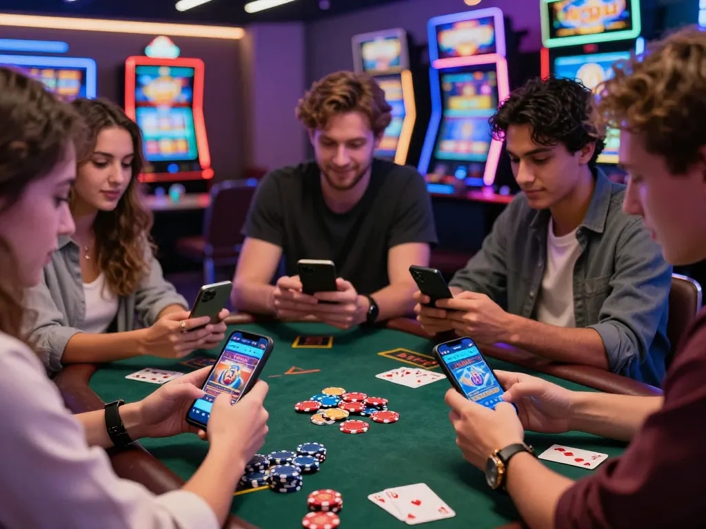 Exciting online gaming scene featuring friends playing MM88 casino games on mobile devices amidst vibrant neon lights.