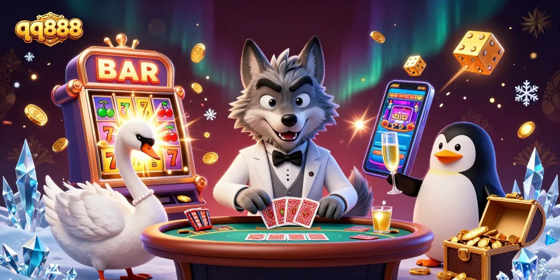 Engage with qq888 as a debonair wolf and elegant swan dominate a lively casino scene.