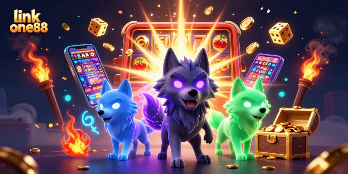 Engage with link one88 through a vibrant casino scene showcasing wolves and casino elements, illuminating winning potential.