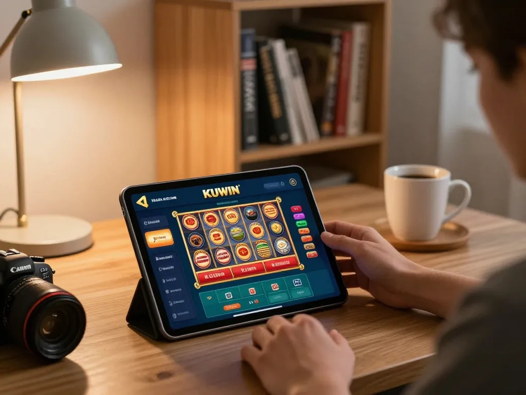 Kuwin co engaging players in a cozy home gaming setup with tablet displaying casino options.