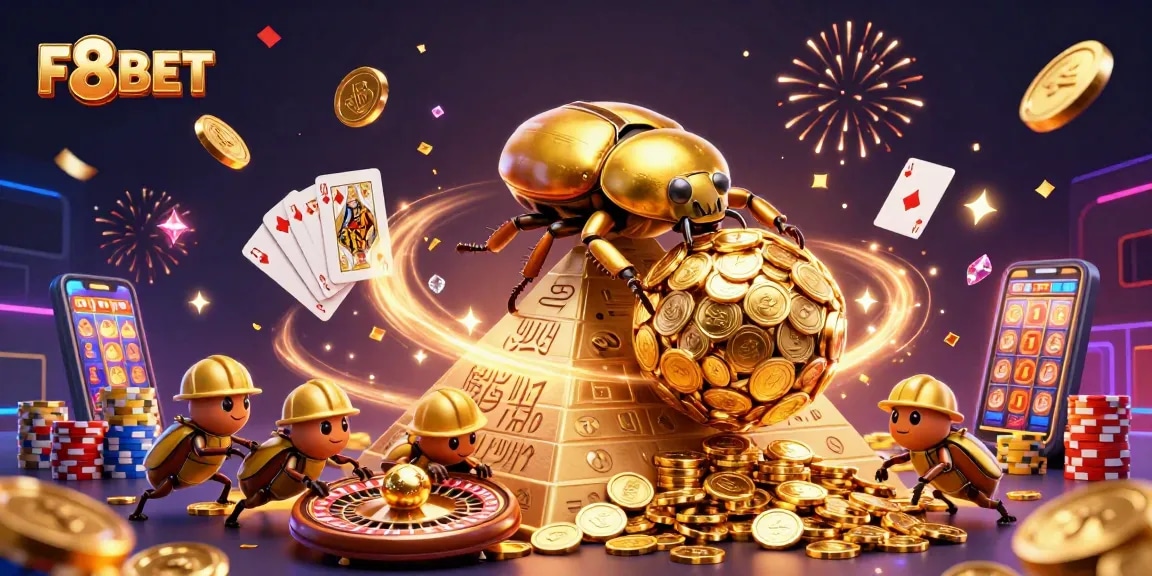 Engage with F8BET as golden coins cascade and beetles roll wealth in this vibrant casino scene.
