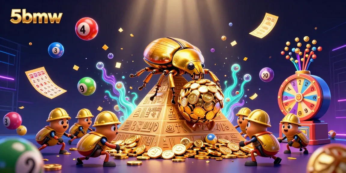 Engage with 5bmw as the golden dung beetle rolls a jackpot of coins amidst colorful casino symbols.
