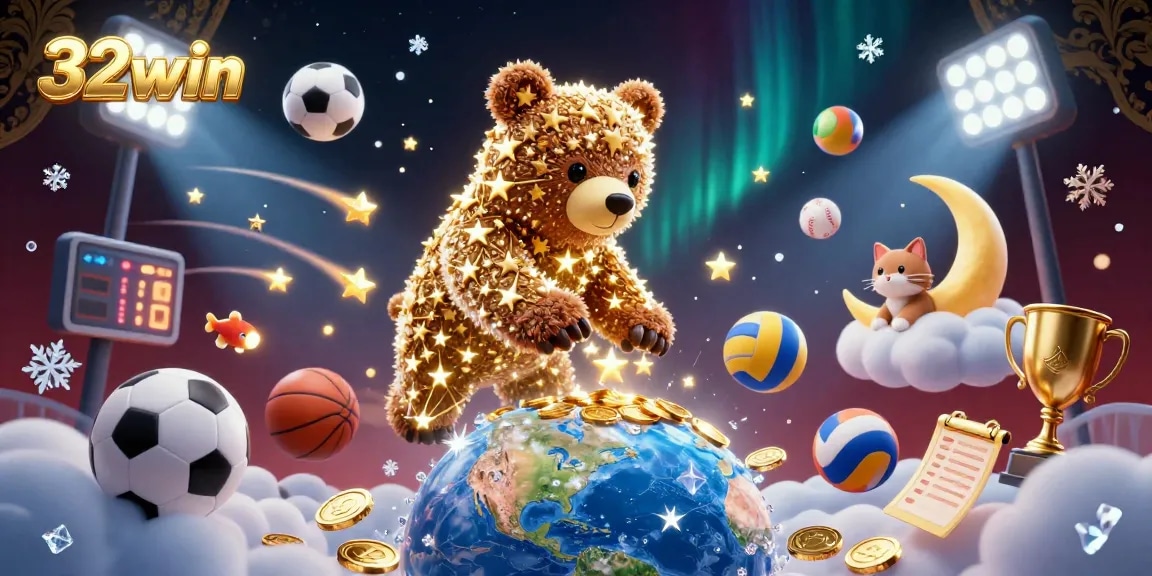 Join 32win for exciting sports betting action amid dazzling digital illustrations of game elements.