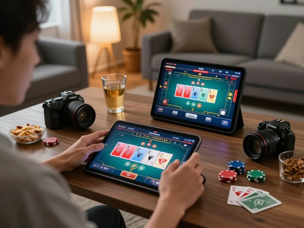 Engage with sunwin's online casino from home while strategizing with poker gameplay on a tablet.