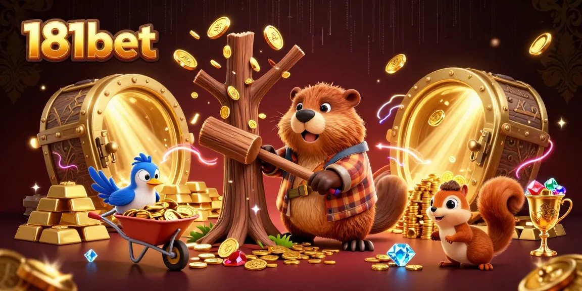 Spin to win at 181bet with cartoon characters gathering coins from a treasure-filled scene.