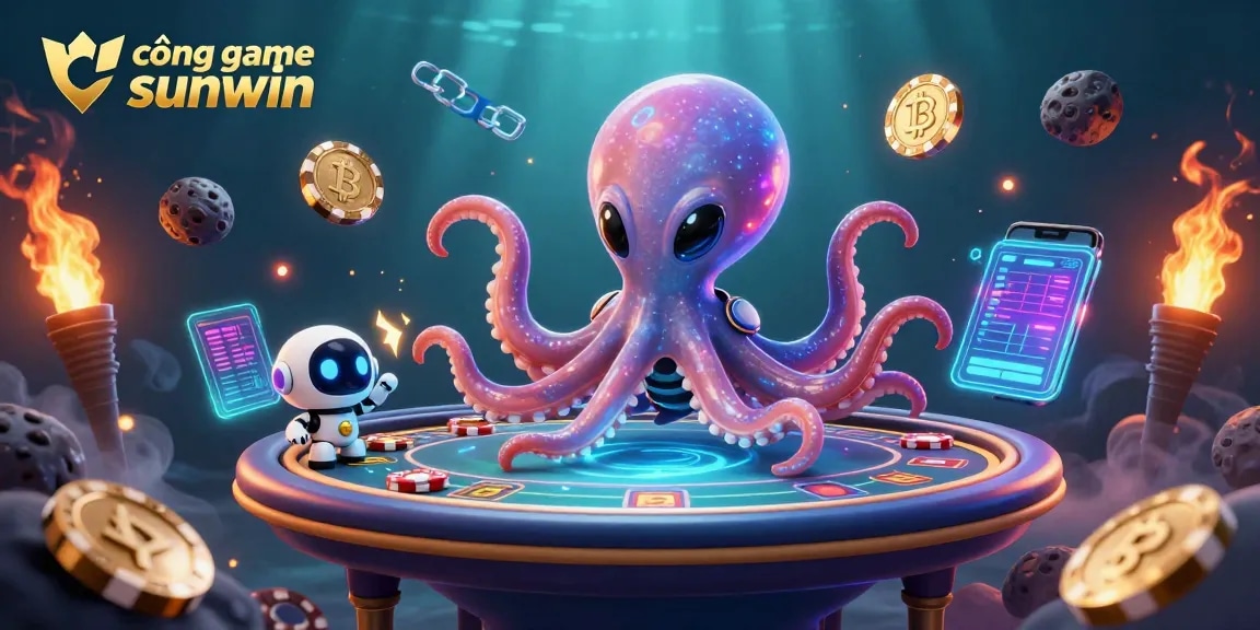 Experience the excitement of cổng game sunwin with an alien octopus and crypto-themed poker game.