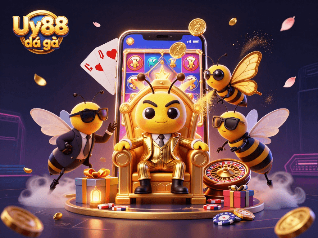 Experience the thrill of Uy88 đá gà with dynamic casino elements including slots, cards, and gold coins.