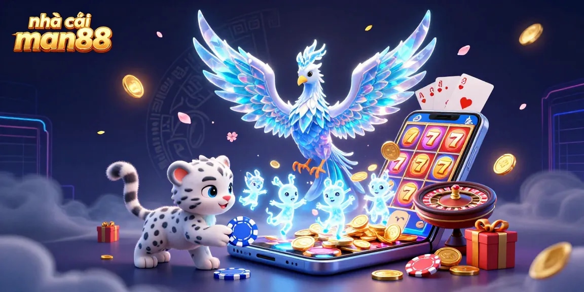 Engage with the vibrant world of nhà cái man88 featuring an enchanting 3D illustration of a phoenix and gaming elements.