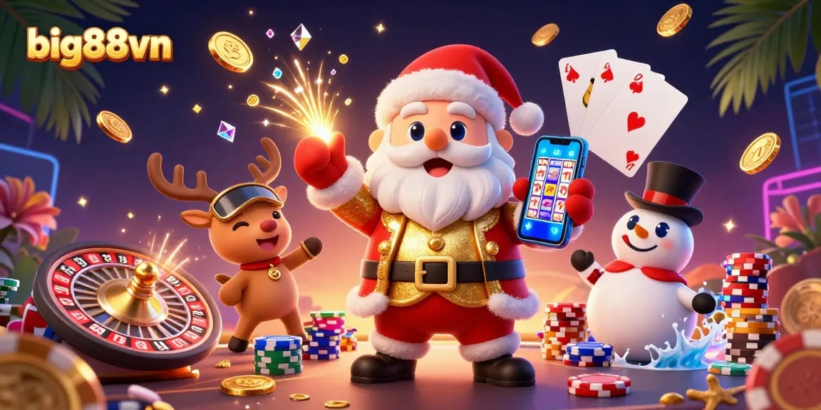 Experience big88vn's thrilling jackpot slots with Santa, reindeer, and snowman in a vibrant casino scene.