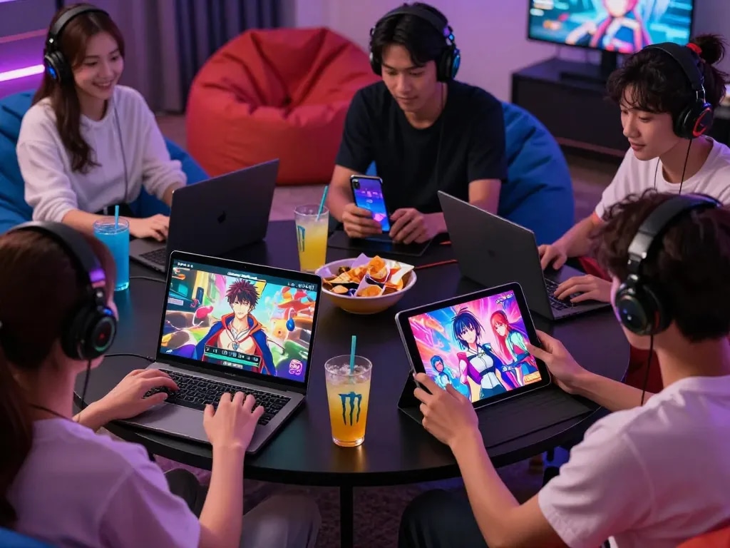 Engaged players exploring html porn games across devices, vibrant gaming atmosphere with interactive elements.