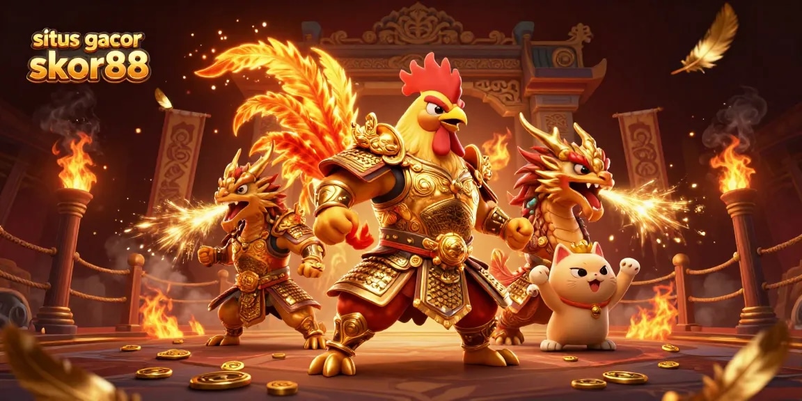 Experience thrilling wins at situs gacor skor88 with an epic depiction of a fighting rooster warrior and dragon hatchling.