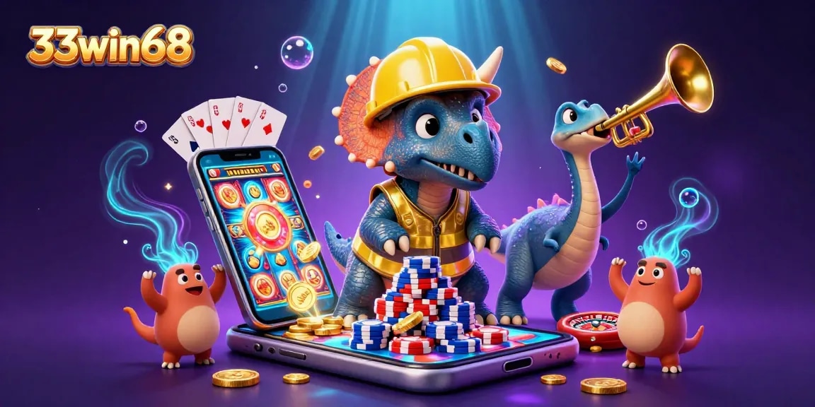 Engage with the vibrant 33win68 scene featuring a triceratops building poker chips amidst colorful slot gaming elements.