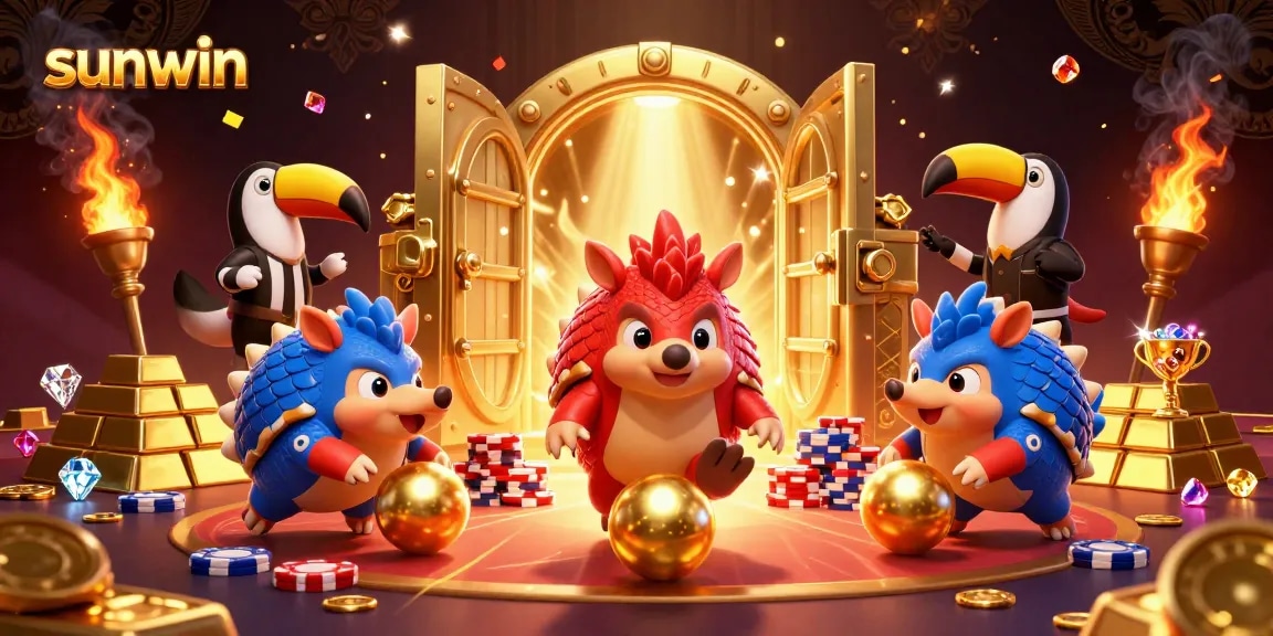 Engage with sunwin as rival pangolins in 3D battle, surrounded by gold coins and gems!