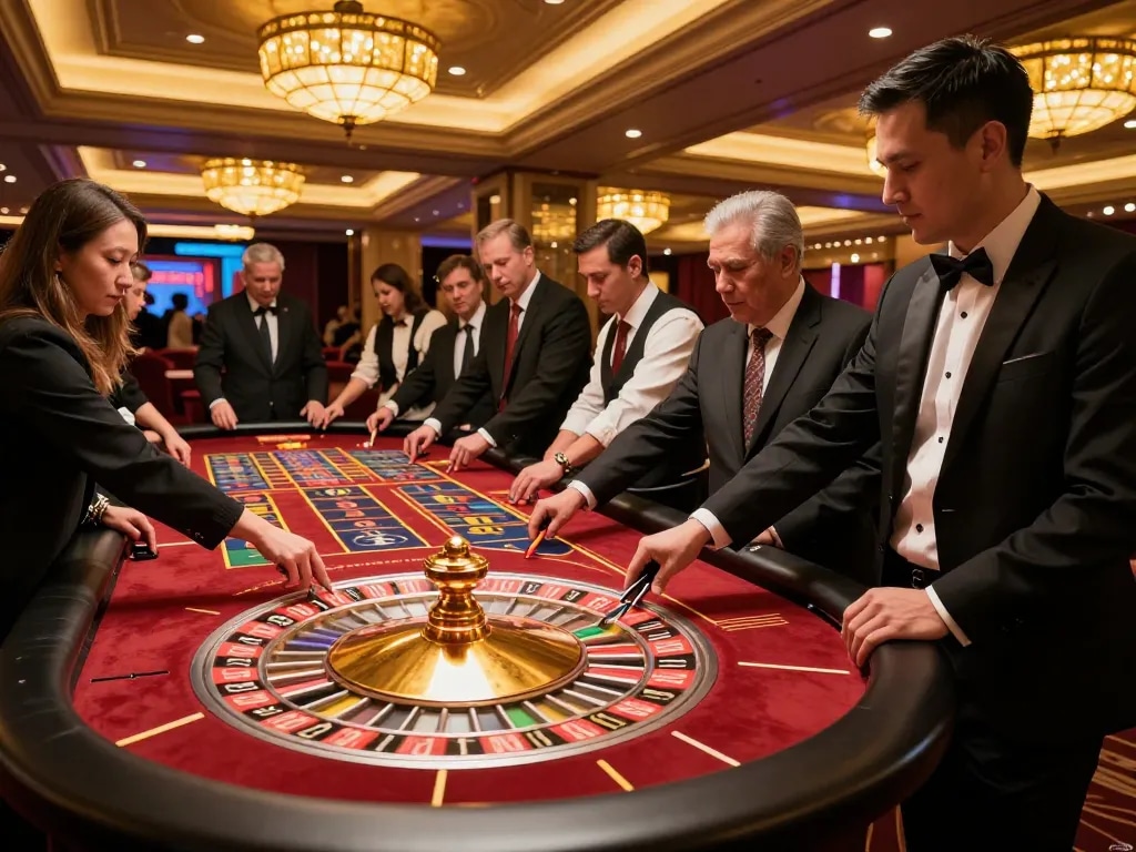 Players placing bets at a rikvip live casino roulette table, capturing the excitement and thrill of the game.