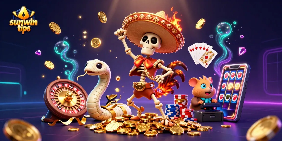 Enjoy thrilling adventures with sunwin tips as a skeleton mariachi rooster celebrates wins in a vibrant casino.