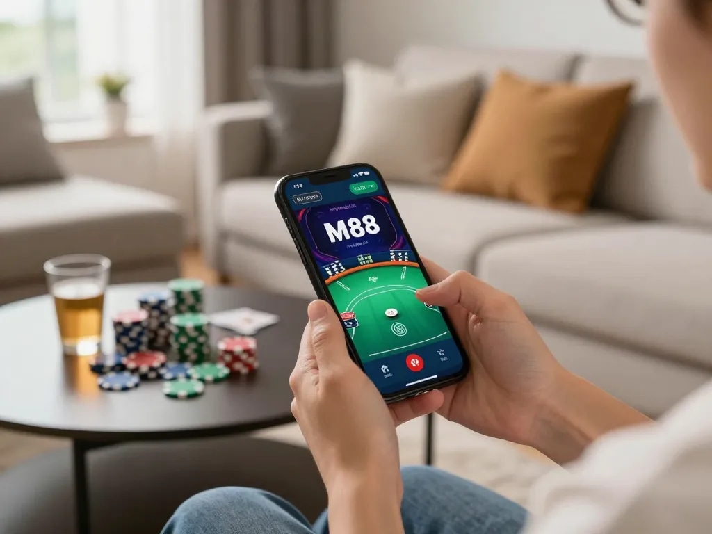 แอป M88 มือถือ แสดงอยู่บนสมาร์ทโฟนในบรรยากาศการเล่นเกมที่บ้านอย่างอบอุ่น เน้นการเล่นพนันออนไลน์