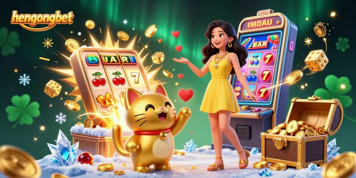 Experience excitement at hengongbet with a joyful woman, golden lucky cat, and vibrant casino scenes.
