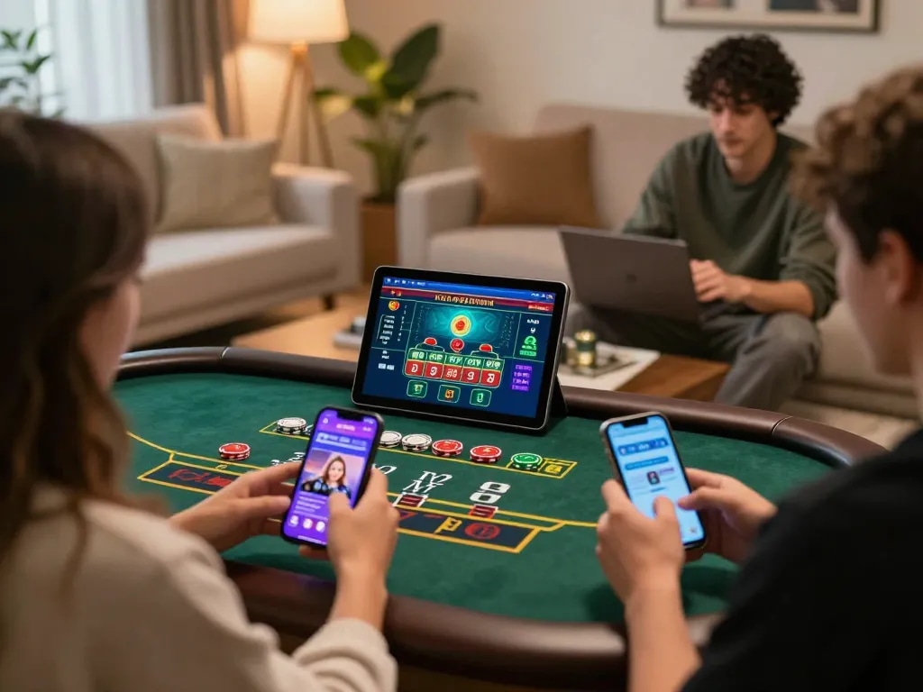 MM88 players enjoying live dealer games on mobile devices in a cozy home setting
