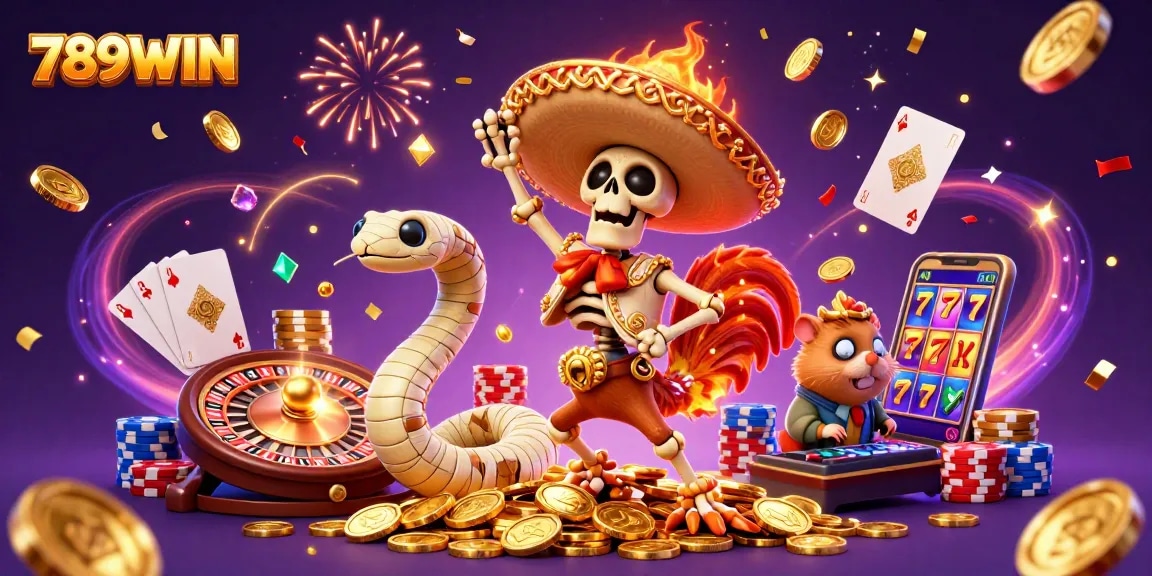 Engage in thrilling casino excitement with 789WIN's festive victory dance illustration.