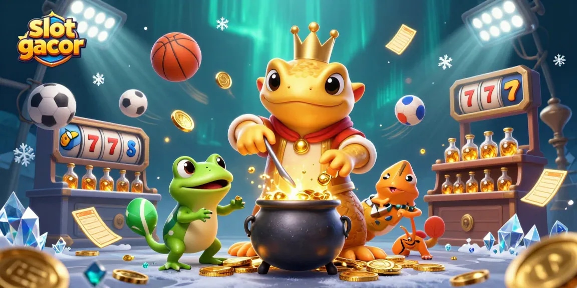 Win big with slot gacor in this vibrant 3D casino scene filled with gold and sports elements