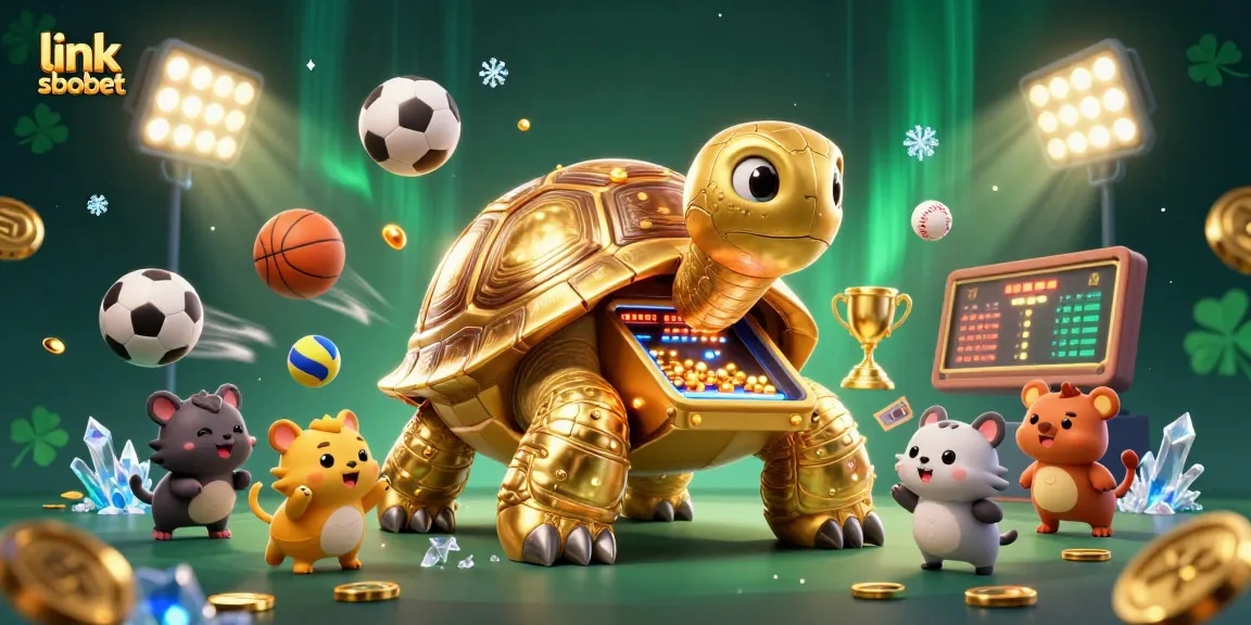 Betting excitement with link sbobet, featuring a golden tortoise pinball machine and sports elements.