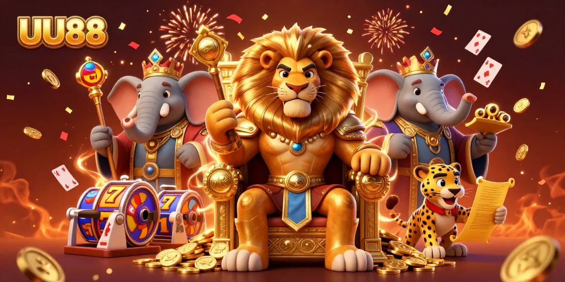 Experience thrilling wins with UU88 as the lion king and companions reign over a vibrant casino scene.