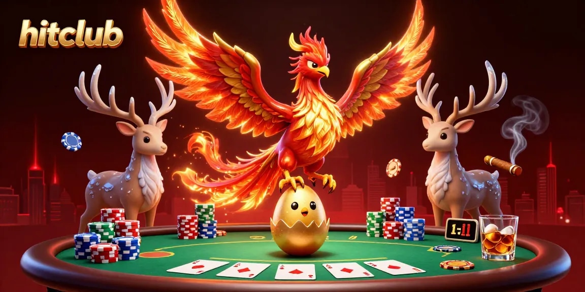 Engage in thrilling poker action at hitclub, featuring a phoenix and poker chips amidst dynamic gameplay.