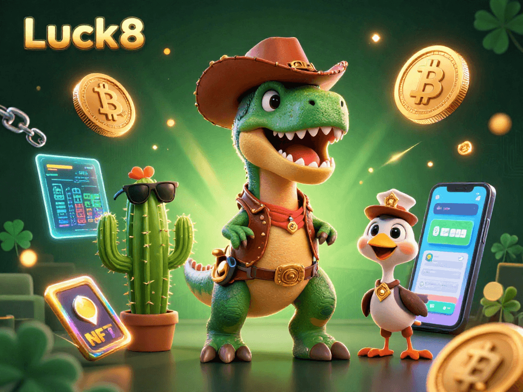 Engage with Luck8's thrilling casino experience, featuring vibrant cartoon characters in a lively gaming scene.