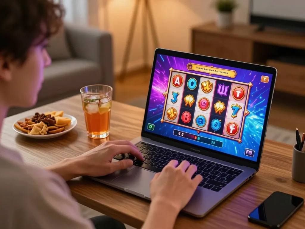 Engaging in slot pulsa gaming on a laptop at home, showing colorful slot reels in action