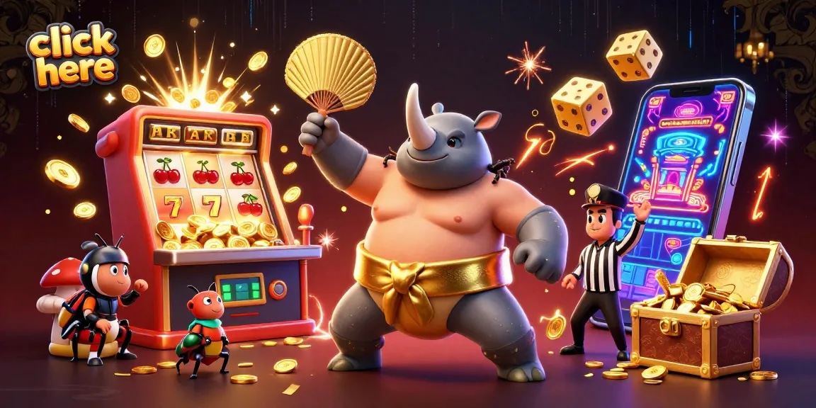 Click here to join the exciting action of ATAS Casino featuring a dynamic 3D illustration of a sumo beetle and casino elements.