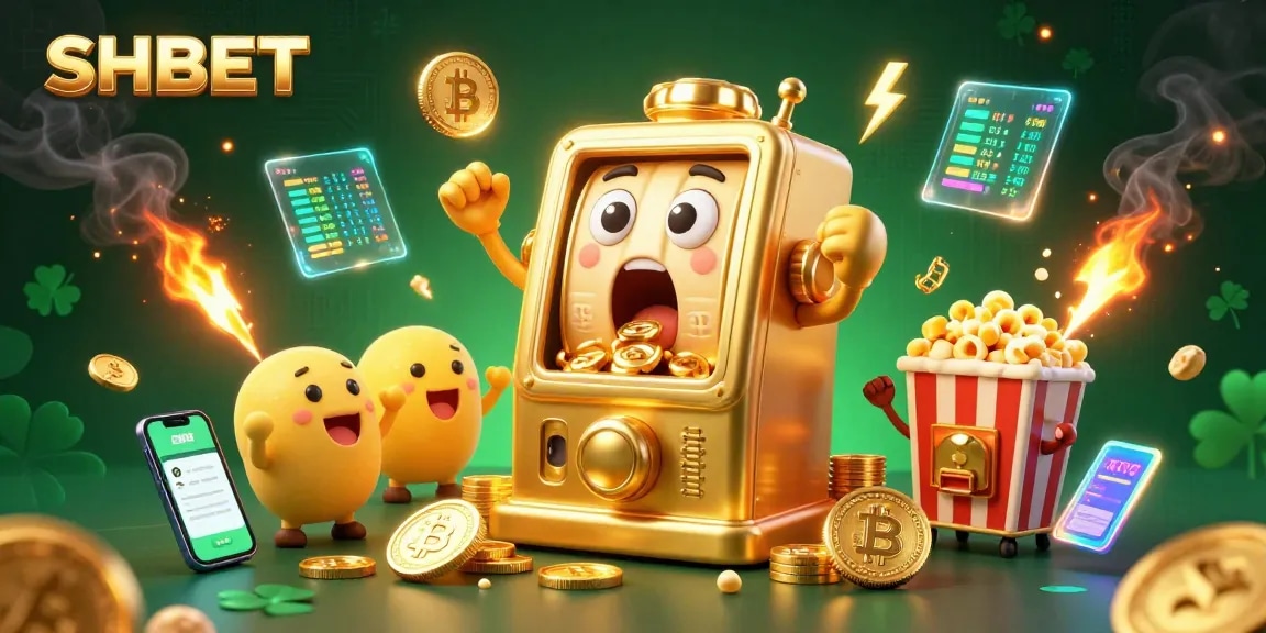 SHBET showcases an exciting jackpot scene with a golden slot machine celebrating its win amidst coins and playful elements, reflecting online casino energy.
