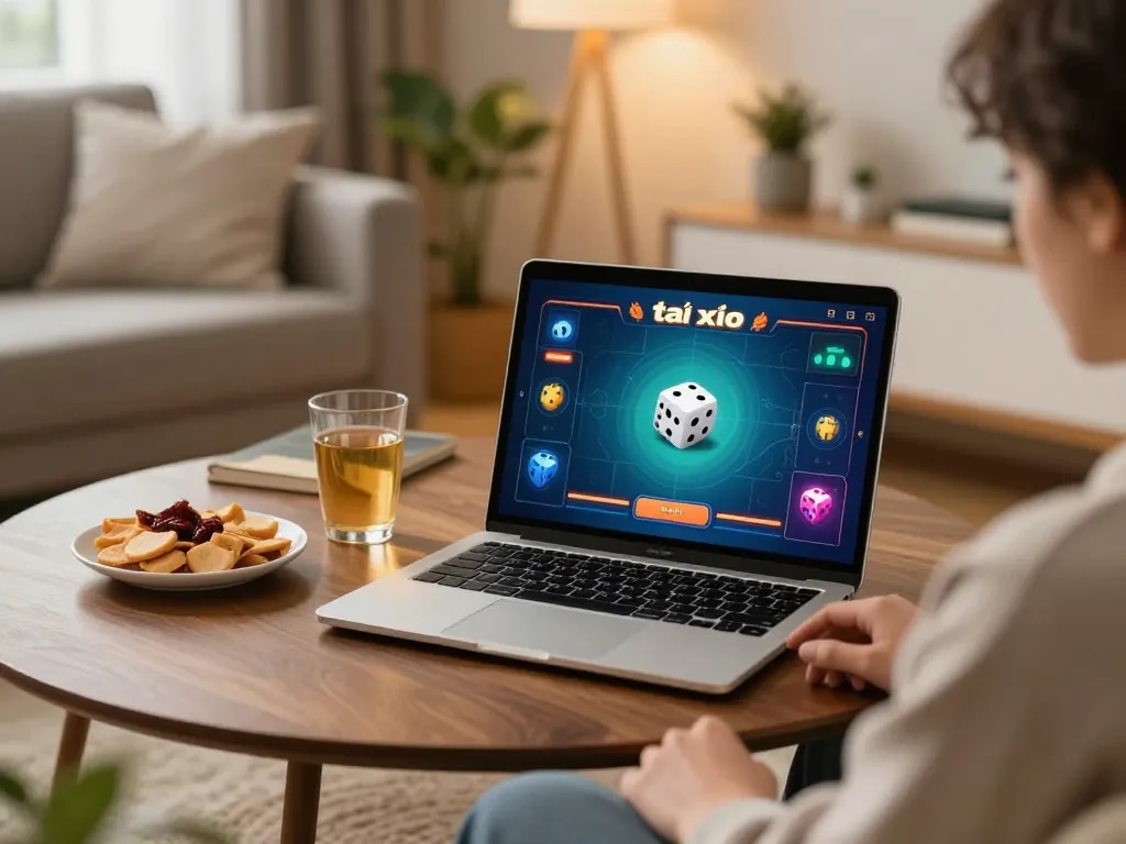 Tài xỉu online gaming setup showcasing dice results and cozy atmosphere at home