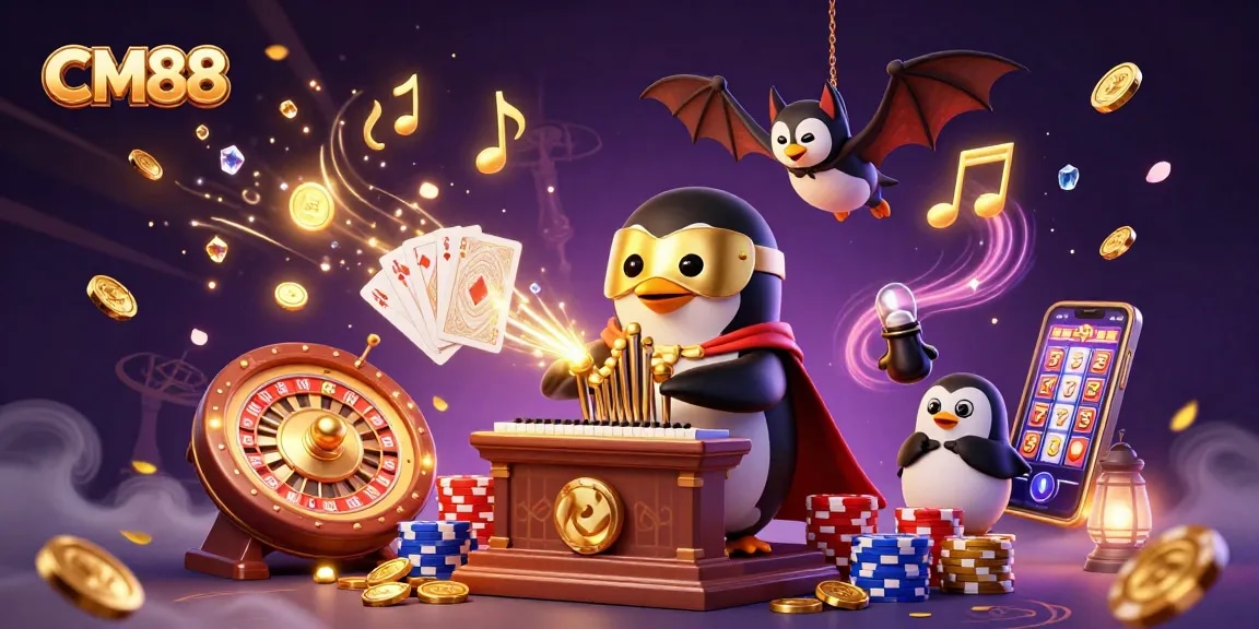 CM88 penguin playing organ amidst golden coins and vibrant casino elements in a dynamic scene
