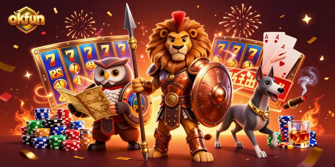 Join the thrilling action at okfun with an epic scene featuring a Spartan lion and casino elements.