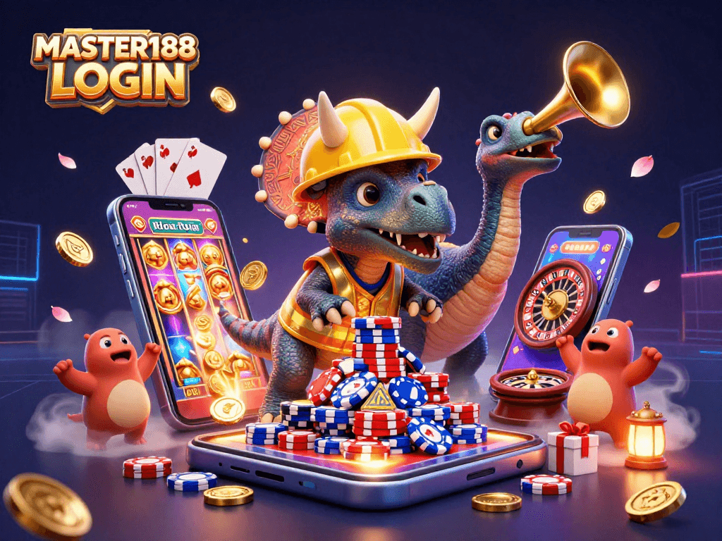 Experience thrilling gaming action at MASTER188 LOGIN with vibrant characters and dynamic casino elements.