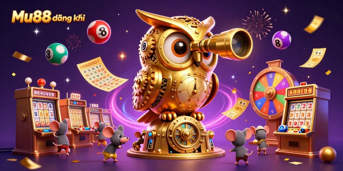 Mu88đăng ký showcases a golden owl in a vibrant casino scene, enhancing gaming excitement.