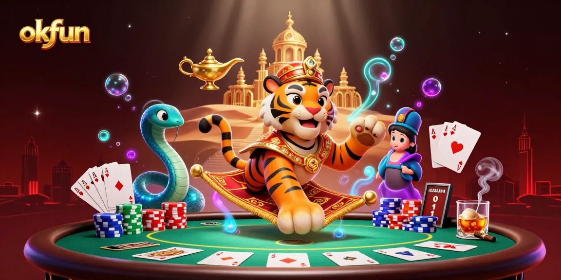 Experience thrilling betting adventures at okfun with vibrant casino elements in a magical 3D scene.
