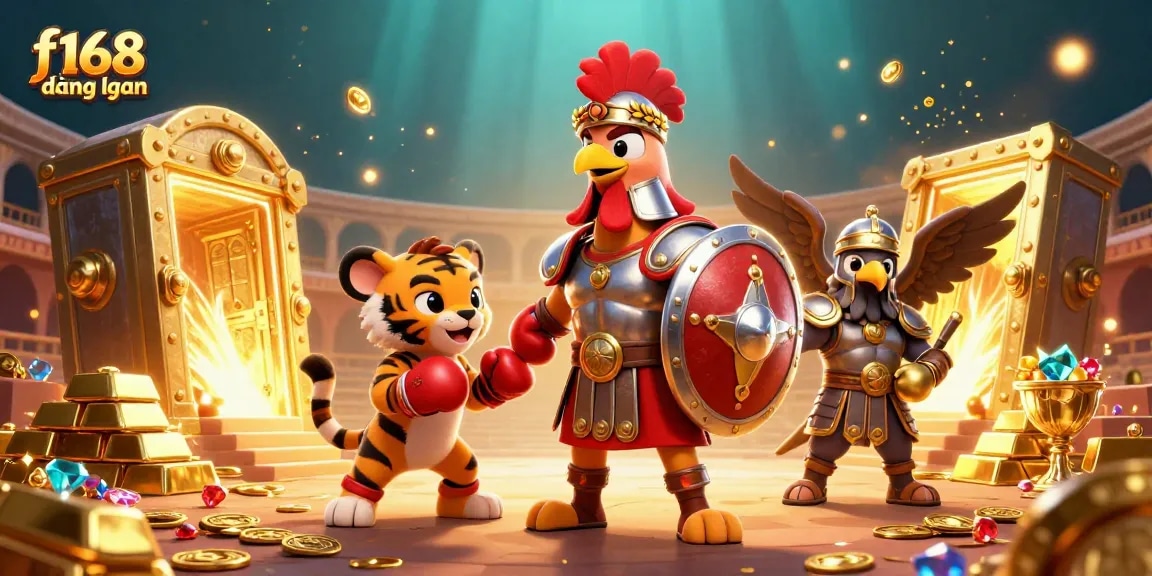 Engage with f168 đăng nhập in this vibrant casino scene featuring a gladiator rooster and treasures.