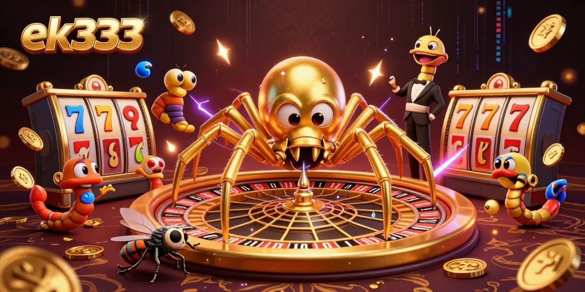 Experience the thrill of ek333 with a golden spider and centipede croupier in an exciting casino scene.