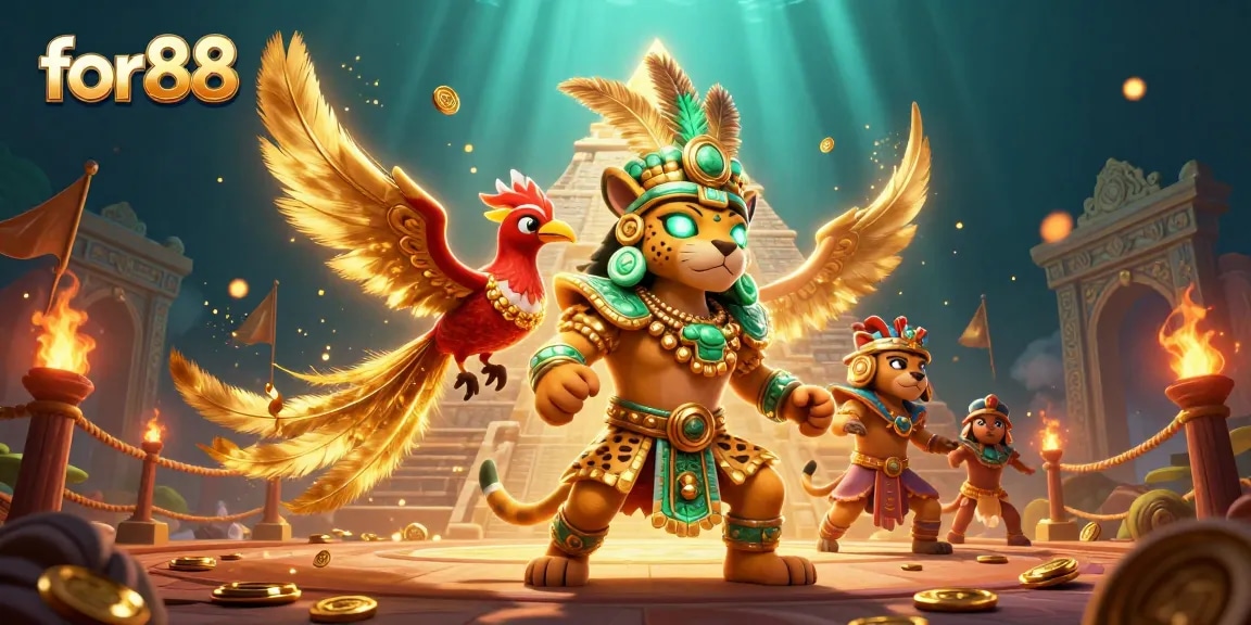 Engage with for88's exhilarating live casino gaming featuring vibrant 3D characters and golden treasures.