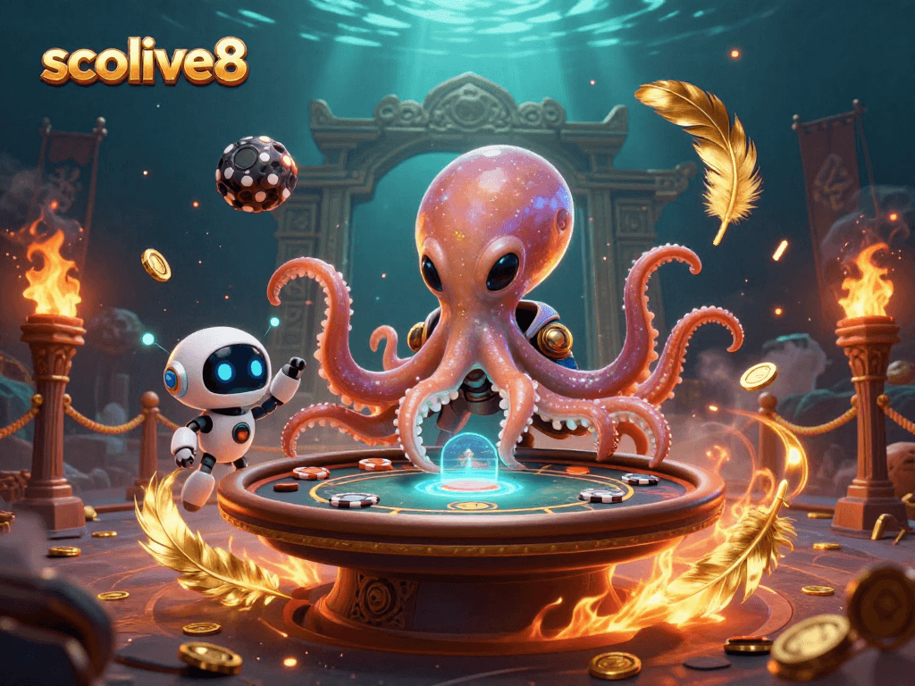 Socolive8's exciting alien octopus deals holographic poker with vibrant energy in a cosmic setting.