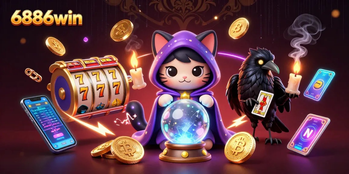 Engage in thrilling gameplay with 6886win, featuring slot reels and mystical characters in a vibrant casino atmosphere.
