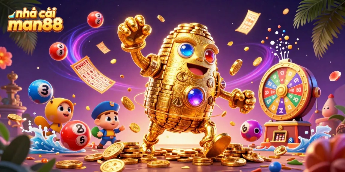Experience exciting gameplay at nhà cái man88 with a dynamic golden golem, colorful lottery balls, and engaging prize elements.