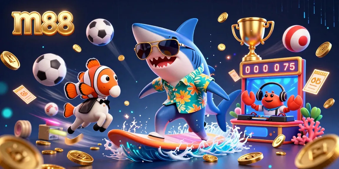 M88 creates winning excitement with a 3D shark surfing gold coins amid vibrant casino symbols.