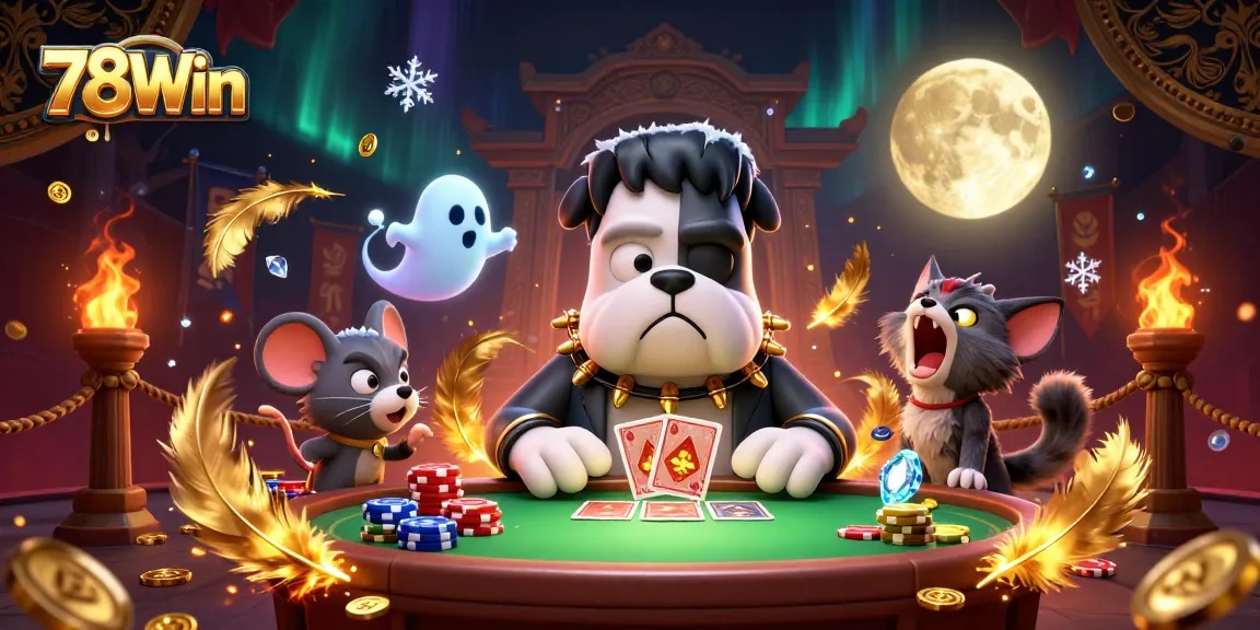 Engage with 78Win as a 3D Frankenstein bulldog dealer captivates players at an electrifying casino.