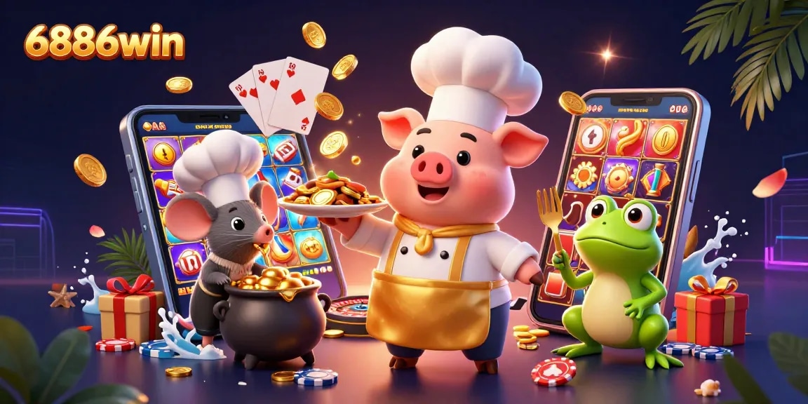 Engaging scene showing 6886win characters featuring a chef pig, sous-chef mouse, and critic frog enjoying casino elements.