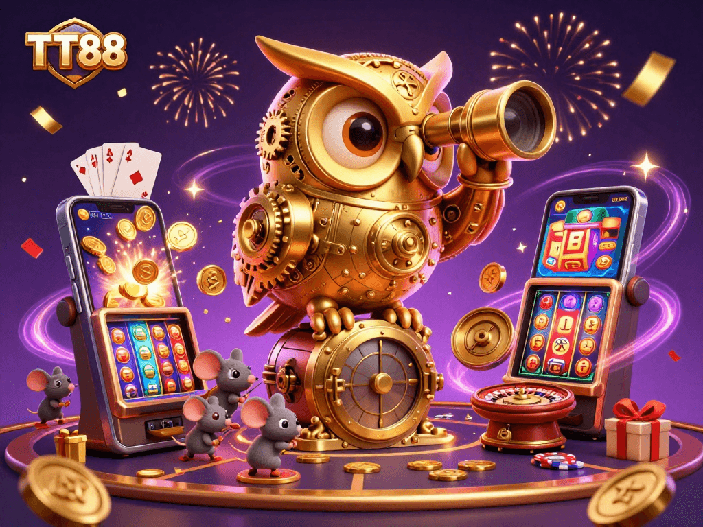 Experience thrilling gaming at TT88 with a whimsical owl and lively casino scene.
